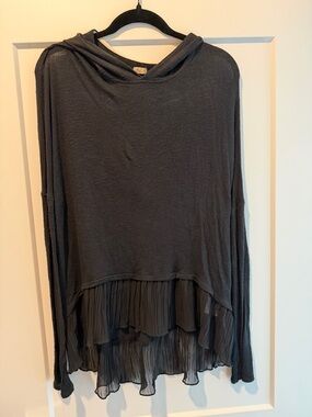 Hooded Layered Hem Top - Sheer Pleated Ruffle